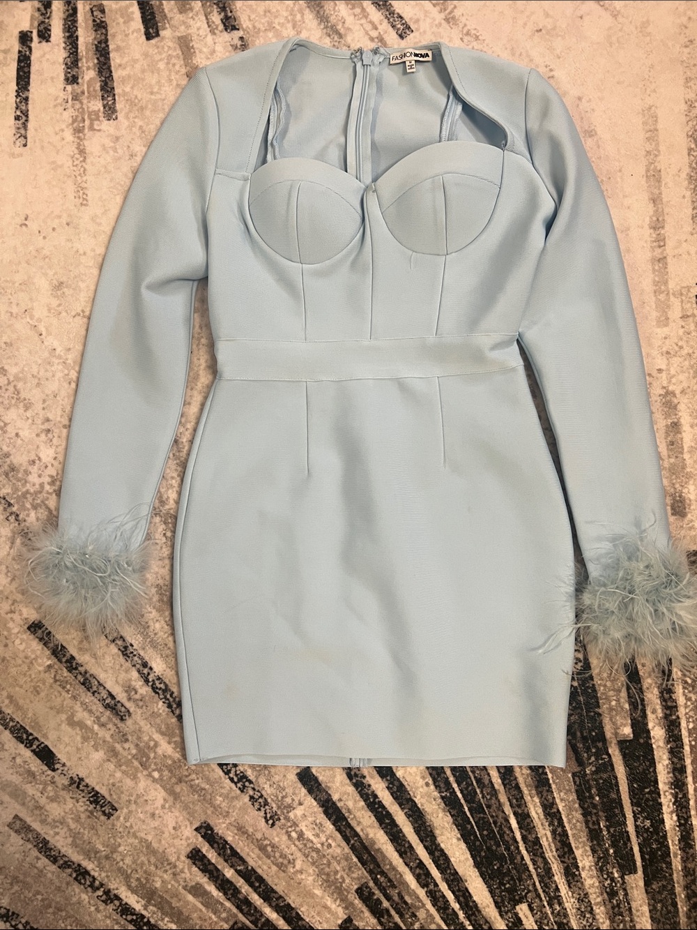Fashion Nova Pale Blue Long Sleeve Bustier Mini Dress with Feather Cuffs